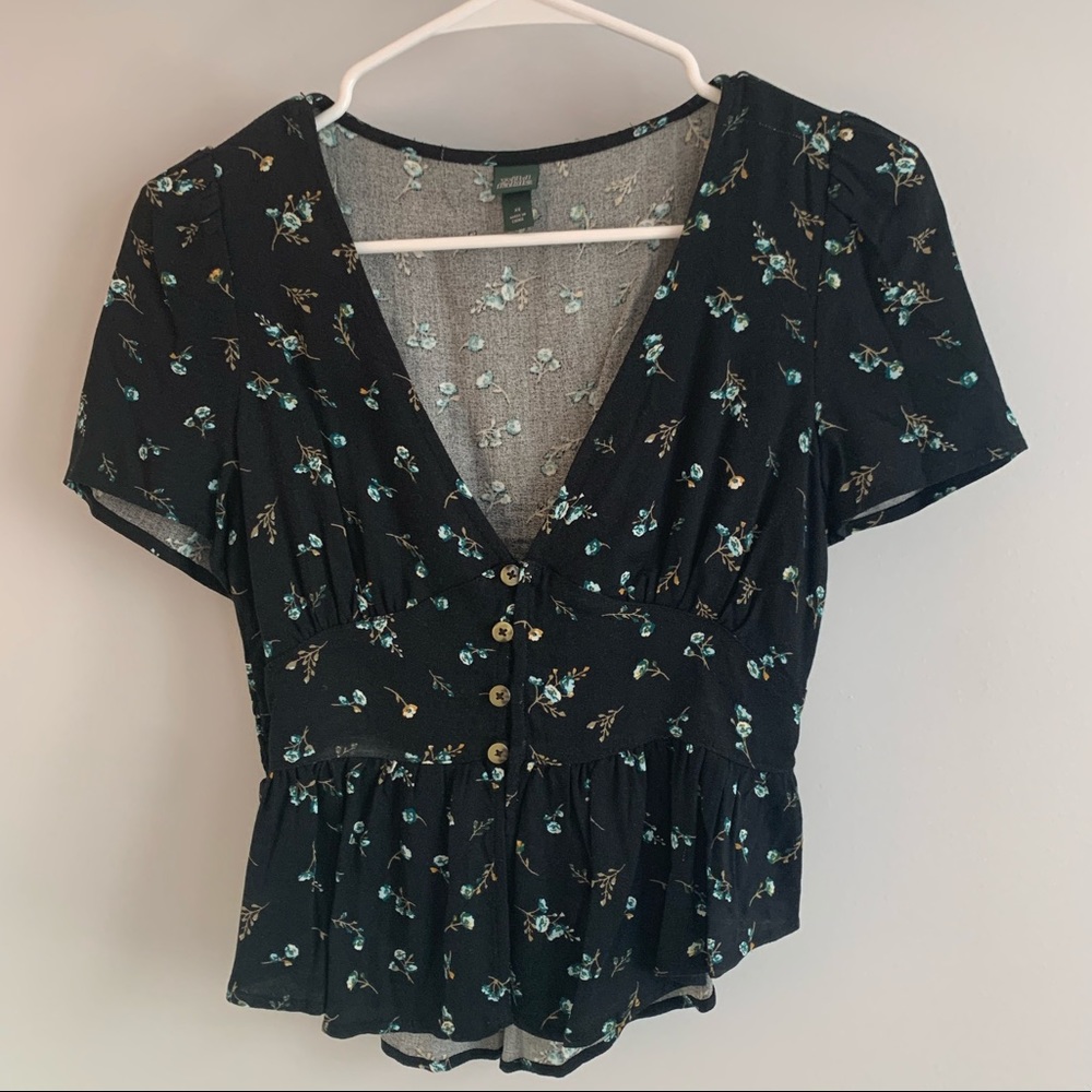 Black and blue floral, v-neck blouse.